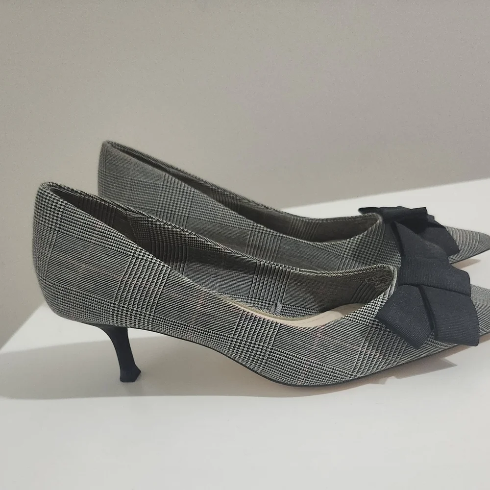 Zara Women’s Black Gray Plaid Bow Mini Heels EU 36 Pumps Office Career Shoes - Picture 13 of 16